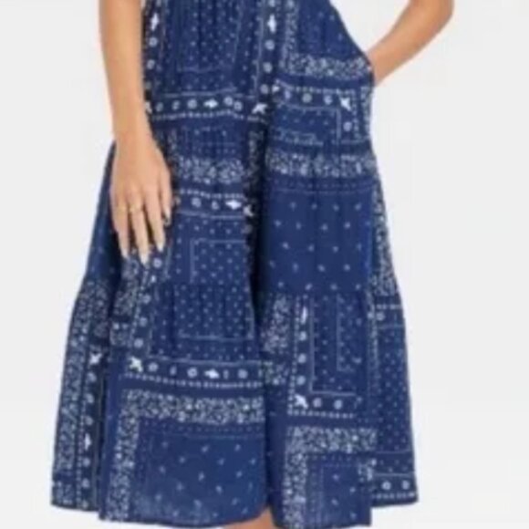 Universal Thread Blue Bandana Print Patchwork Floral Strapless Midi Sundress - Picture 3 of 3